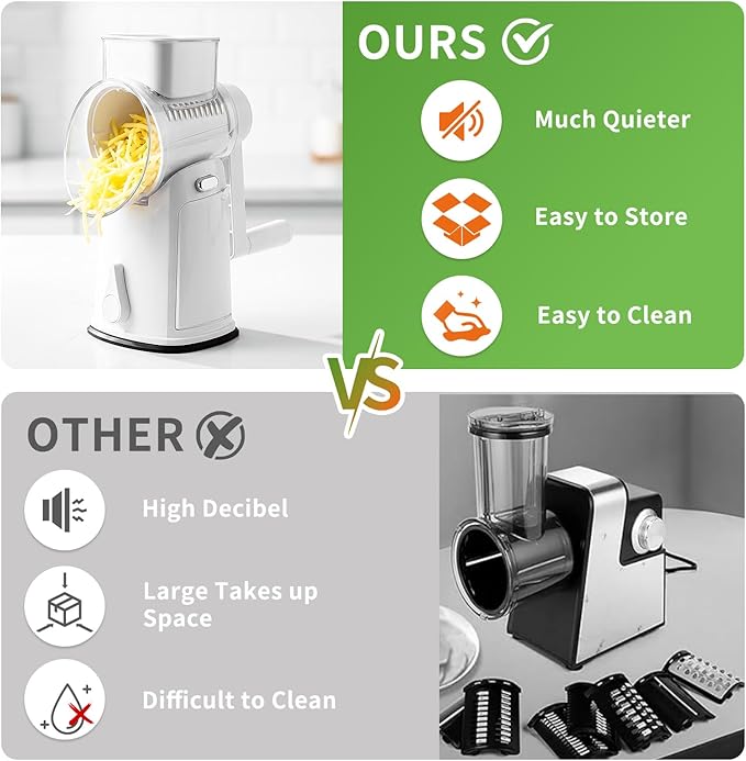 Rotary Cheese Grater for Kitchen, 3-in-1 Manual Vegetable Slicer & Shredder with 3 Stainless Steel Blades, Strong Suction Base Hand Crank Mandoline Food Processor for Cheese, Potato, Nut