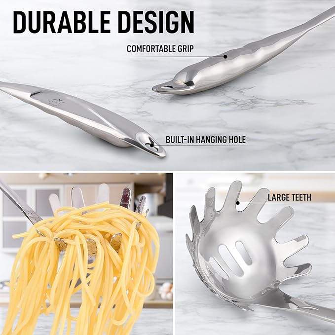 Zulay Kitchen Stainless Steel Pasta Spoon - 12” Spaghetti Server with Teeth & Draining Holes - Rust-Resistant Pasta Fork for Noodles & Pasta - Dishwasher Safe Utensil for Everyday Use