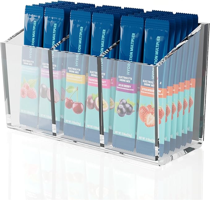 Drink Packet Organizer, Magnetic Water Packet Organizer for Fridge, Premium Acrylic Drink Mix Holder Container with 3 Compartments for Kitchen Organizers and Storage