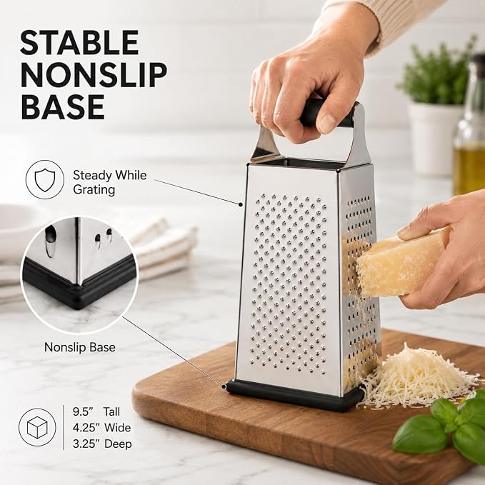 HIC Kitchen Professional Grater Zester, Stainless Steel, Non-Slip Base and Handle, 4 Multi-Grating Surfaces