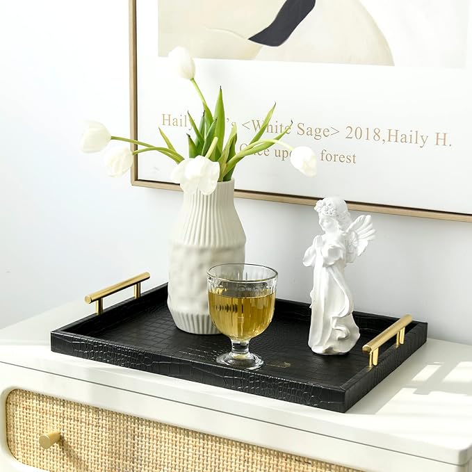 Set of 2 Modern Elegant Large Wood Serving Tray, Rectangle Decorative Tray Ottoman Tay Coffee Table Tray, Black Crocodile Leather with Gold Polished Metal Handles
