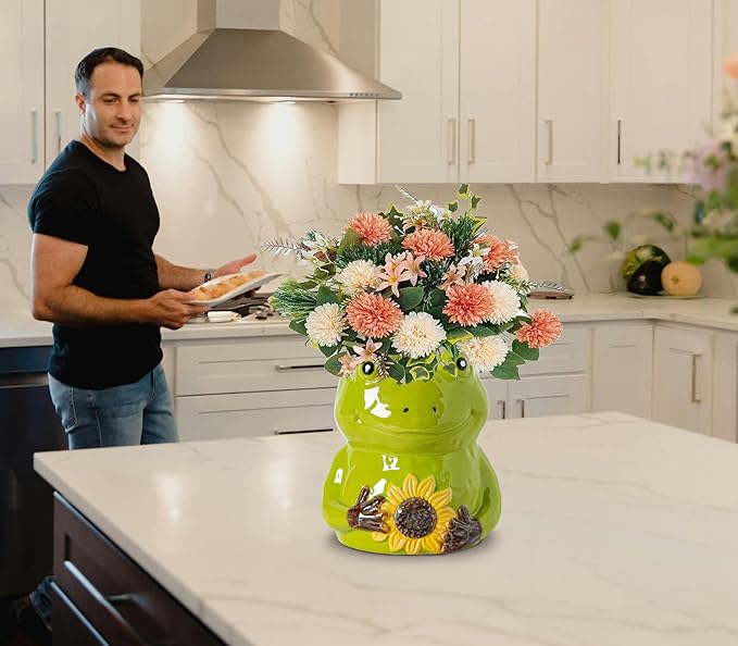 dgudgu Frog Shaped Cermaic Utensil Holder For Kitchen Counter Ceramc Utensil Crock Countertip Large Size Green Frog Embracing Sunflower Decorative Design Kitchen Canister Decor