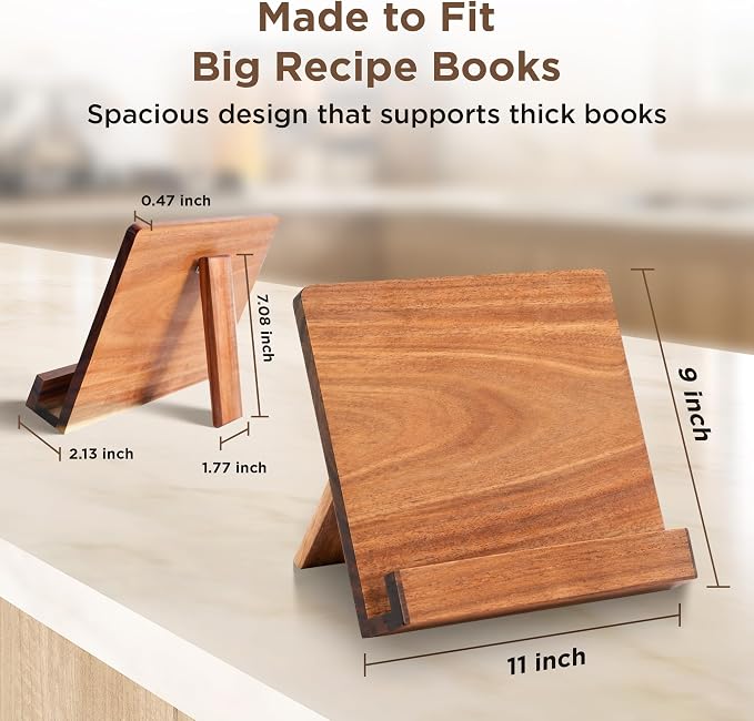 Acacia Wood Cookbook Stand – Adjustable Recipe Book Holder for Kitchen Counter, Sturdy Wooden Stand Fits Thick Cookbooks, iPads & Tablets