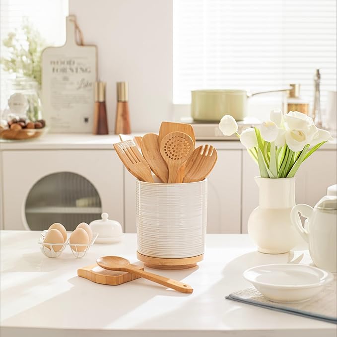 Utensil Holder, Ceramic Kitchen Spatula Holder For Countertop 9-Pcs Set with Spatula, 7.6" Large Utensil Organizer for Spoon, 360° Rotating Cooking Utensil Crocks Farmhouse Kitchen Counter Decor White