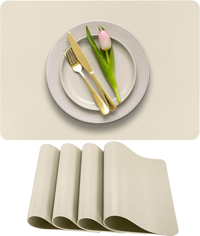 More Décor Faux Leather Placemats Set of 4 for Dining Table – Waterproof, Wipeable, Washable, Stain & Heat Resistant, Non-Slip Table Mats – 12 X 17 Inch, (Solid Ivory, 4)