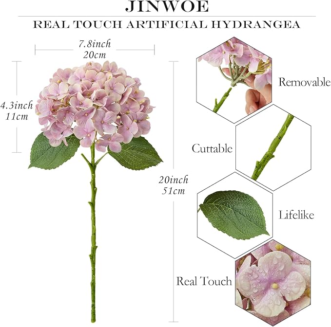 JINWOE 4Pcs 20" Dusty Pink Real Touch Fake Hydrangea Flowers,Full Lifelike Silk Artificial Hydrangeas Fake Flowers for Bouquet Table Centerpieces Spring Wedding Indoor Home