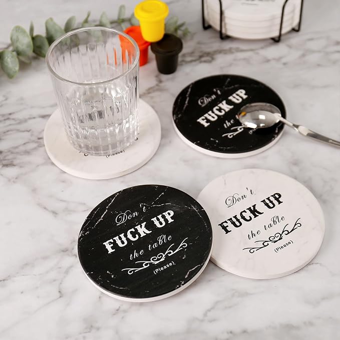 Funny Drink Coasters Ceramic Absorbent Coasters, Don't up The Table Unique Stone Drink Coaster with Cork Back for Coffee Table, Living Room, Family and Friends (Round-White, 6)