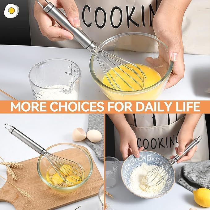3 Pack Metal Whisk Set 8'' 10'' 12'', Manual Mini Whisk for - Egg, Balloon, Cooking, Blending, Beating, Stirring