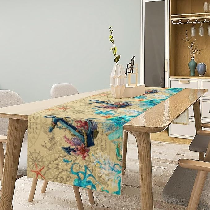 Nautical Anchor Table Runner, Vintage Old Treasure Map Watercolour Coral Plant Starfish Octopus Ship Anchor Table Decor Table Top Dining Kitchen Wedding Party 13x36 Inch