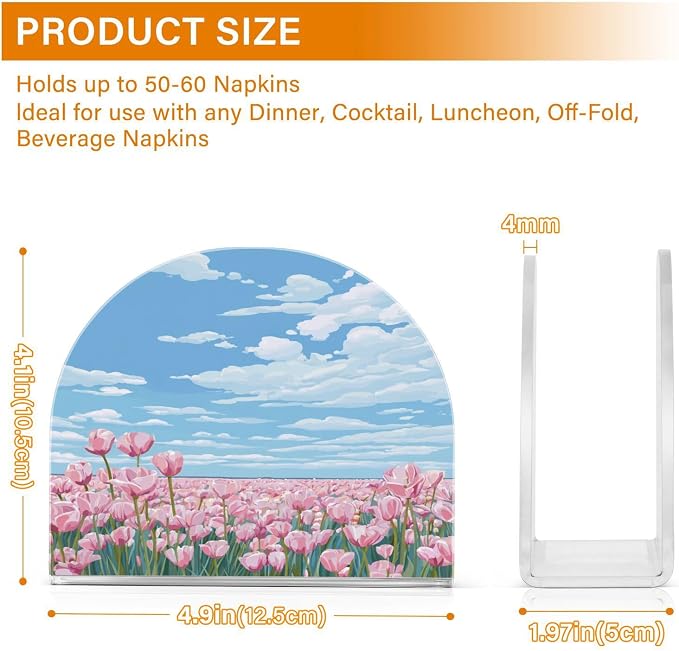 Napkin Holder Acrylic Napkin Holder for Table Kitchen Party Restaurant U Shaped Upright Napkin Dispenser Organizer Pink Tulip Field and Blue Sky