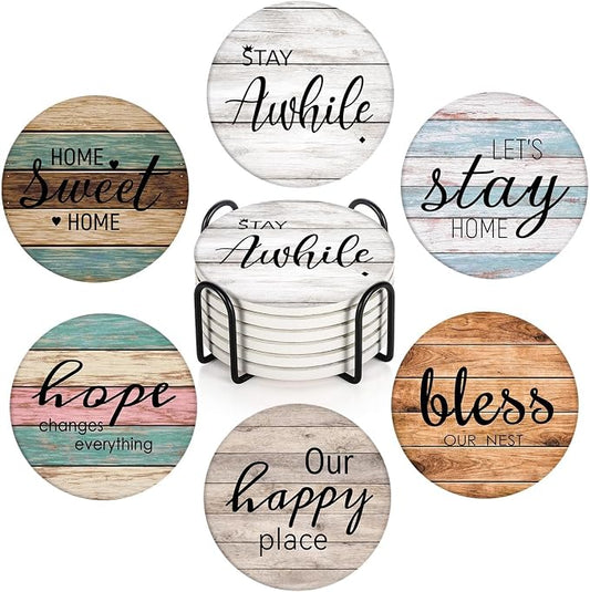 Britimes Coaster for Drinks Set of 6, Wooden Planks Wood Paint Table Absorbent Round Ceramic Stone Mat, with Cork Base and Metal Holder, Gift for Housewarming Room Bar Decor