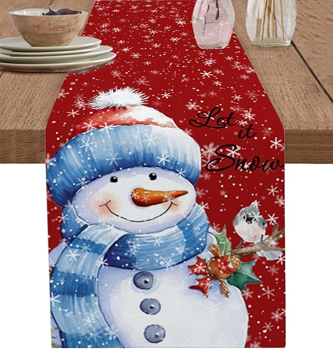 Snowman Christmas Table Runner - 90 Inch Long, Red Xmas Winter Snowflake Dining Table Runner Dresser Scarves, Rustic Let Snow Bird Christmas Decor for Coffee Table Wedding Party Banquet, 13x90 in