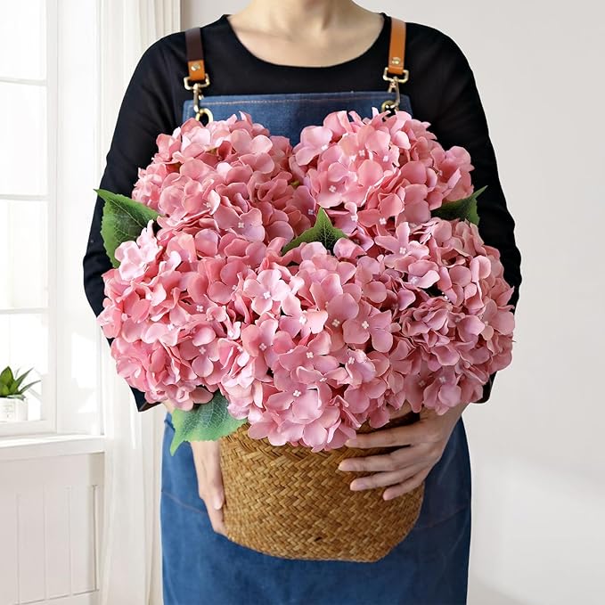 JINWOE 5Pcs 20Inch Large Pink Silk Hydrangea, Cameo Brown Lifelike Artificial Flower Heads with Stems Fake Hydrangeas Flowers for DIY Wedding Baby Showers Centerpiece Home Decor