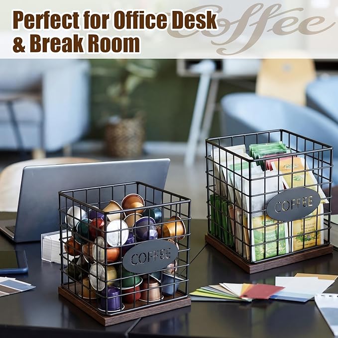 LemonRoad 2 Pack Coffee Pod Holder Organizer Metal Pod Storage Basket with Wood Base Black Large Capacity Capsule Holder for Kitchen Counter Coffee Bar Accessories Office Desk Supplies