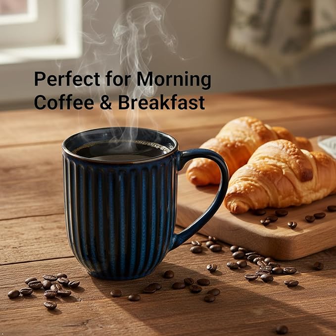 HASENSE 20 Oz Large Ceramic Coffee Mug, Ribbed Textured Tea Cup with Big Easy Grip Handle, Microwave & Dishwasher Safe, Navy Blue Coffee Cup for Cocoa, Tea, Ideal Housewarming & Wedding Gift