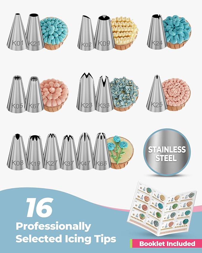 Kootek 124Pcs Icing Piping Bags and Tips Set, Cake Decorating Kit with 100 Anti Burst Piping Bags 12 Inch, 16 Icing Tips, Reusable Pastry Bag, 3 Scrapers, 2 Couplers, 2 Bag Ties (Blue)