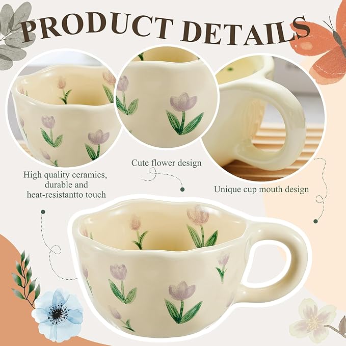 Vesici 2 Pcs Ceramic Coffee Mugs with Spoon, Vintage Floral Spring Mugs with Handle, 8.5 oz Aesthetic Flower Porcelain Tea Cup Set, Dishwasher & Microwave Safe Mothers Day Gifts for Mom(Vibrant)