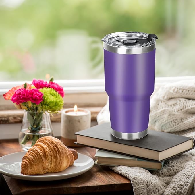 30 oz Tumbler with Lids and Straws Double Wall Vacuum Insulated Tumbler Cup,Stainless Steel Leak-proof Thermal Tumbler Powder Coated Travel Coffee Mug for Cold and Hot Drinks,Dark Purple