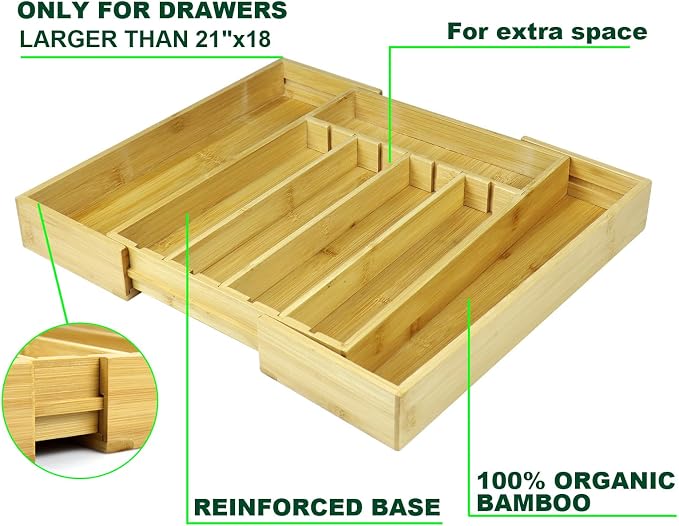 Bamboo Adjustable Drawer Organizer - Expandable Utensil Organizer for Flatware, Adjustable Cutlery & Knives. Ideal Utensil 7 Slots large Drawer Organizer for Kitchen, Natural