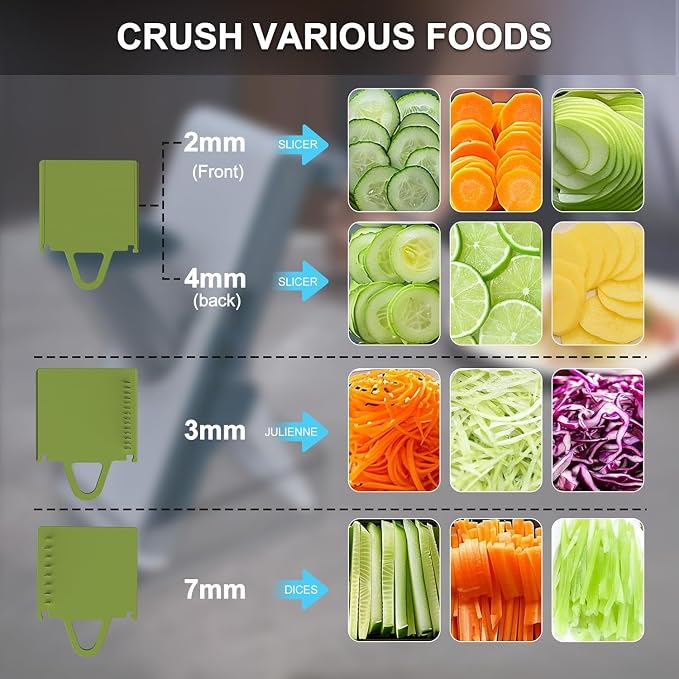 Eletronova Safe Mandoline Slicer for Kitchen, Vegetable Slicer with Container, French Fry Cutter, All in 1 Julienne Slicer for Potato, Thickness Adjustable, Detachable Blade (Green)