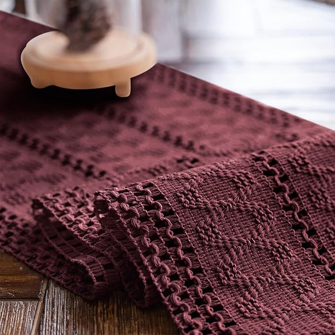 Macrame Table Runner Burgundy Boho Table Runners with Tassels Hand Woven Cotton Table Runner Rustic Farmhouse Table Runners for Bohemian Kitchen Dining Table(12x71in)
