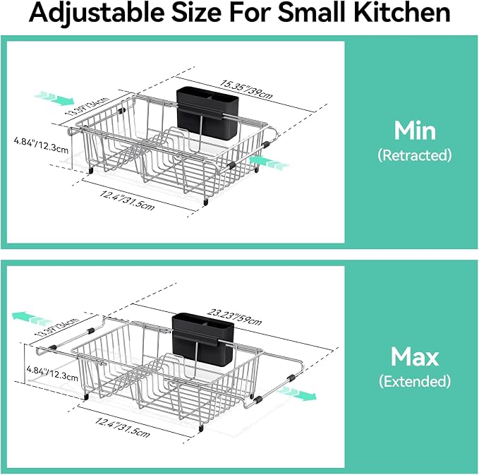 Urackify Dish Drying Rack in Sink, 304 Stainless Steel Expandable (15.35"-23.23"L) Over the Sink Dish Rack with Utensil Holder for Compact Kitchen, Space - Saving Dish Drainer for Inside Sink, Silver