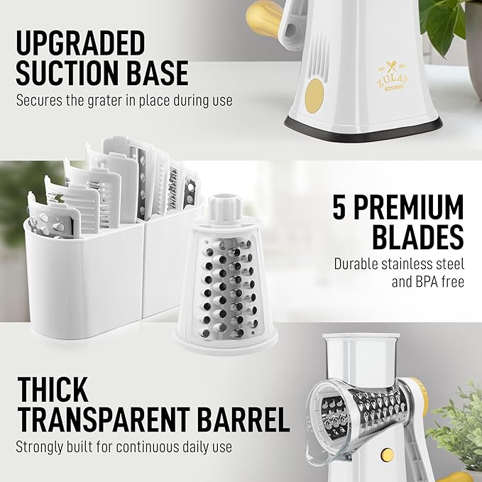Zulay Kitchen Rotary Cheese Grater 5 Blade Cheese Shredder - Manual Hand Crank Cheese Grater With Reinforced Suction & 5 Interchangeable Drums - Easy to Use, Vegetable Chopper Round Mandoline Slicer