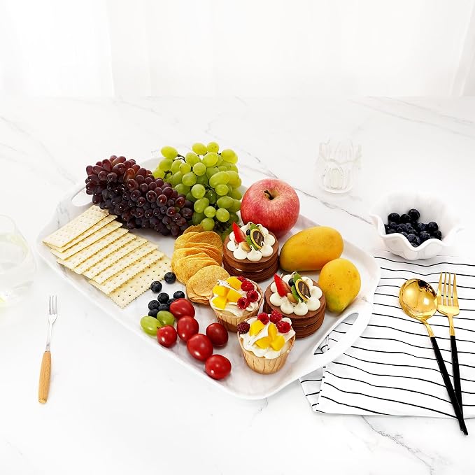TP Large Serving Trays with Handles, 19" x 12" Melamine Serving Platters for Food, Turkey, Set of 2 Rectangular Trays for Party, White Marble