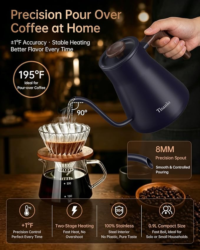 Gooseneck Electric Kettle for Pour Over Coffee, ±1°F Precision Control, Smart Two-Stage Heating, 2-Hour Keep Warm, 0.9L Stainless Steel, Blue Wood Handle