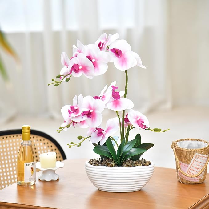19" H Phalaenopsis Faux Orchid Plant Silk Orchid Centerpiece Artificial Floral Arrangement in Ceramic Pot (White and Pink)