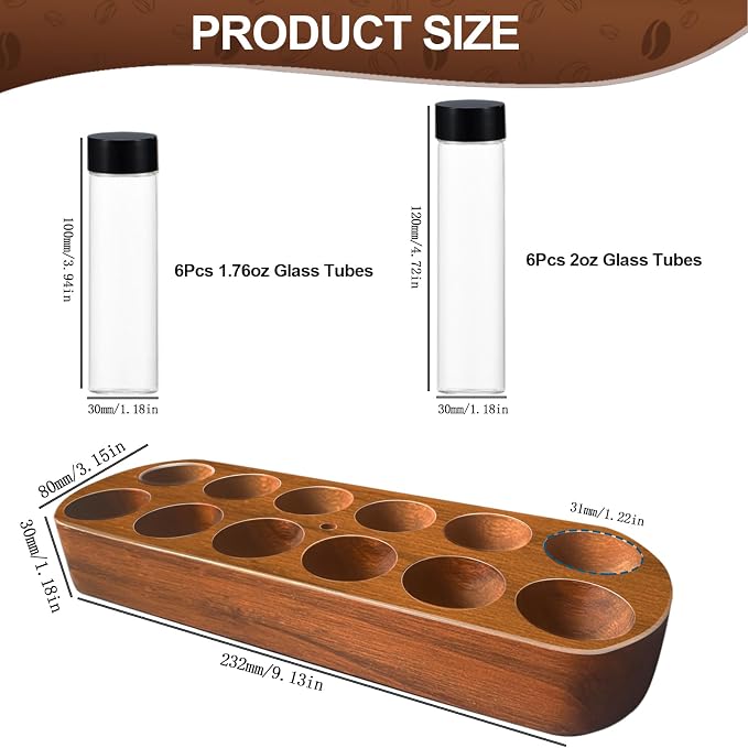 Single Dose Coffee Bean Storage Tubes - 12pcs Coffee Beans Container,Coffee Vials dosing container,glass espresso container with Wood Display Stand and Funnel (Type 1)