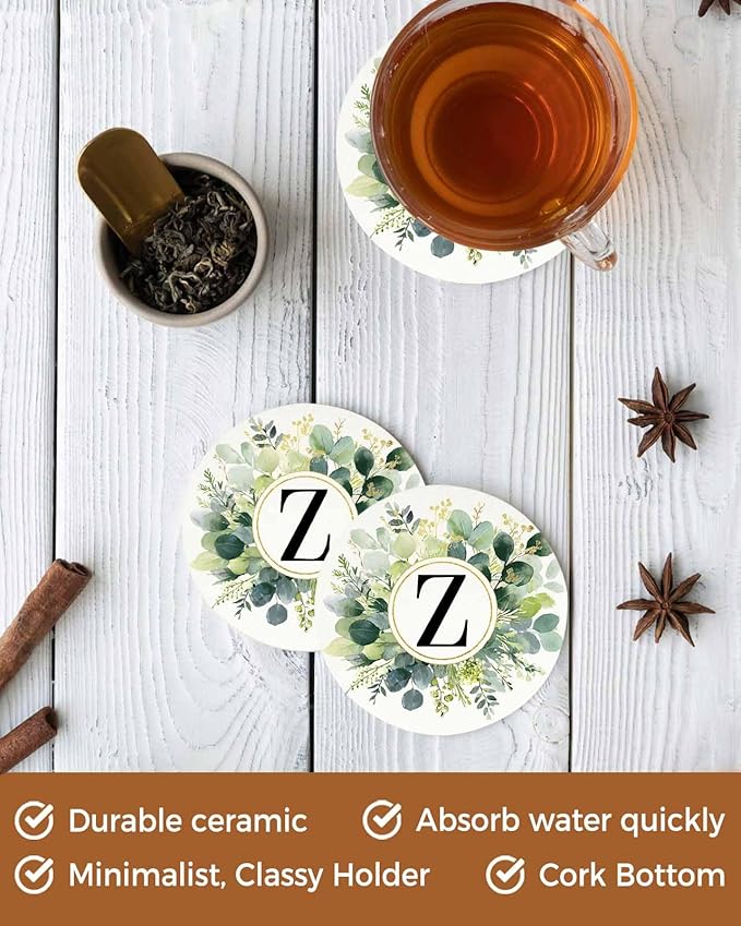 Coasters Set of 4 Letter Z Drink Coasters with Holder Absorbent Stone Ceramic Cup Mat Alphabet Green Eucalyptus Leaves Coaster for Drinks Coffee Bar Office Kitchen Cafe Home Decor