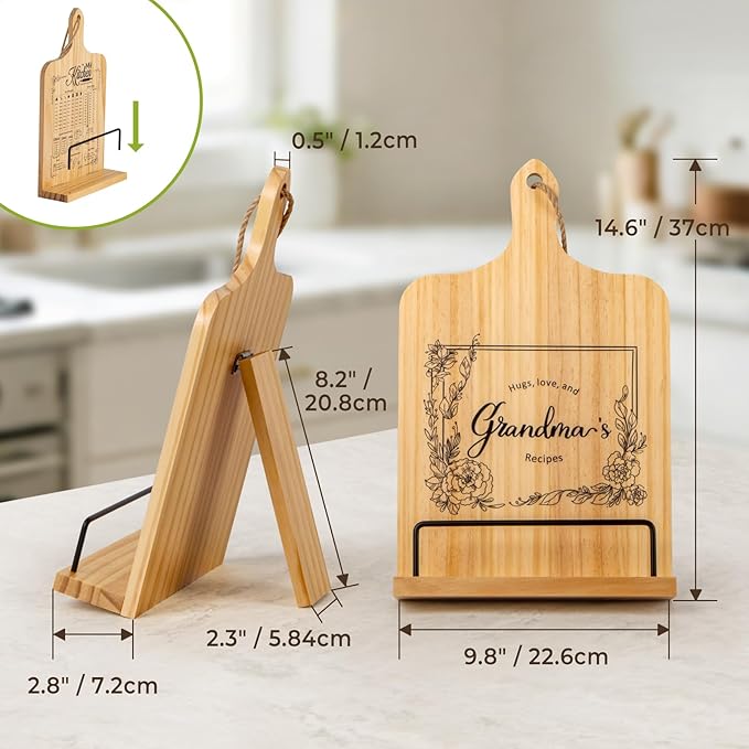 PUERSI Cookbook Stand, Kitchen Gifts for Grandma on Mothers Day, Wooden Recipe Book Holder, Grandmother Mothers Day Gift, Adjustable Cook Book Stand for Kitchen Counter
