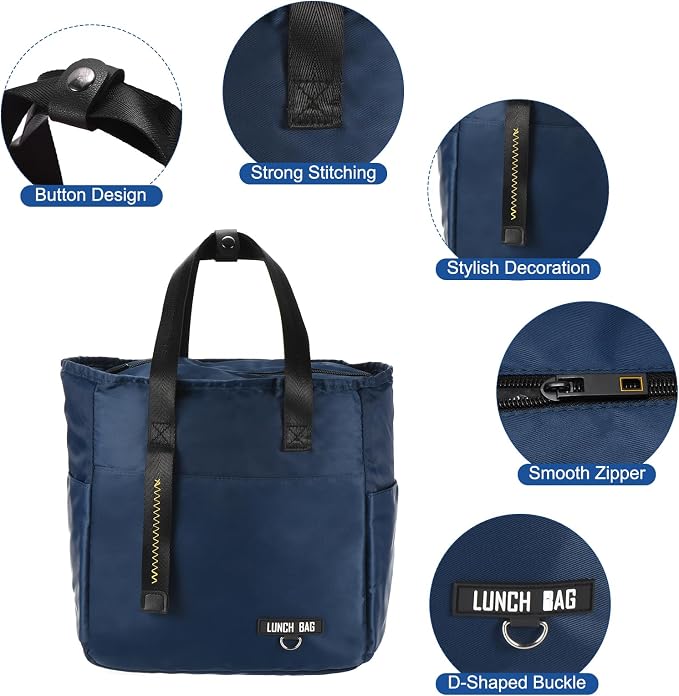 PATIKIL Insulated Lunch Bag Reusable Large Lunch Bag for Women & Men Thermal Lunch Box Leakproof Cooler Tote Bag with Side Pockets for Adults Picnic Office Work, Cyan (10.6"x6"x11")