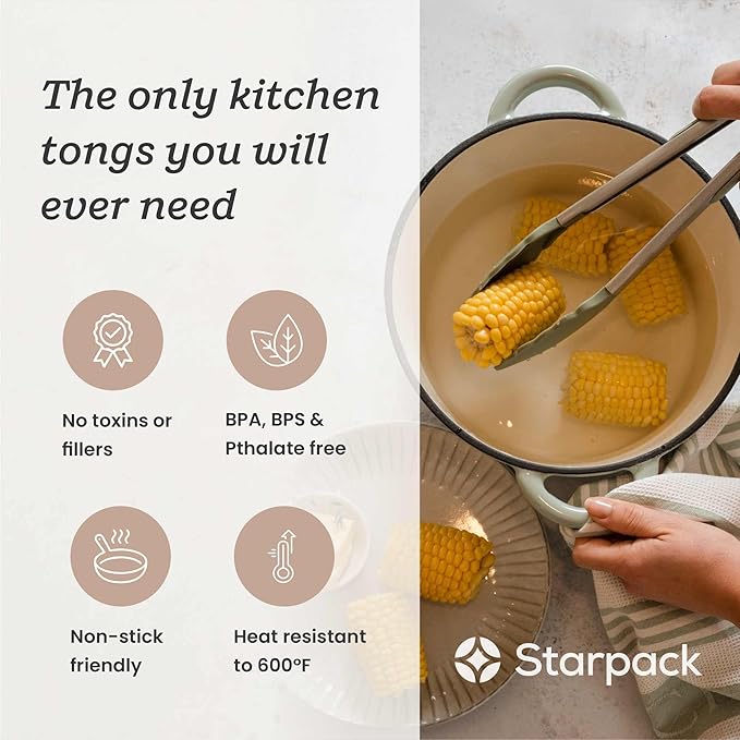 Starpack Get a Grip Silicone Kitchen Tongs (12 Inch) - LFGB Non Toxic, 600°F Heat Resistant, BPA-Free - Heavy-Duty Stainless Steel, Locking - Dishwasher Safe for Nonstick Cookware Sage Green