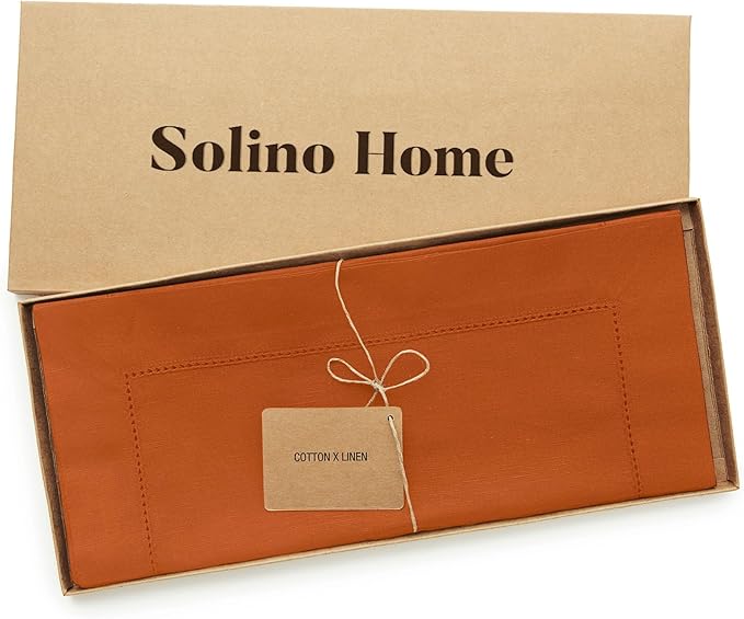 Solino Home Cinnamon Hemstitch Table Runner 60 Inches - Cotton Linen Small Table Runner 14 x 60 Inch Ideal for Dresser and Coffee Tables