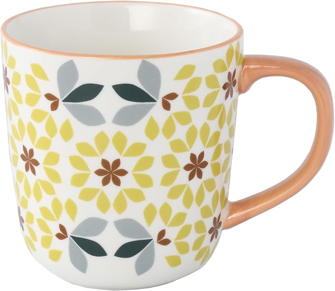 Floral Pattern Ceramic Coffee Mugs, Bone China Tea Cups with Yellow and Gray Design, Taupe Handle, Set of 4