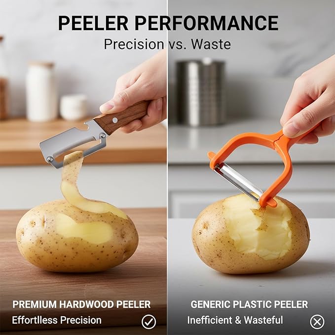 Sakerplus Multifunctional Vegetable Peeler, Ergonomic Wooden Handle Stainless Steel Blade, Contour-Flow for Kitchen Prep, Camping, and Outdoor Cooking (5 pc)