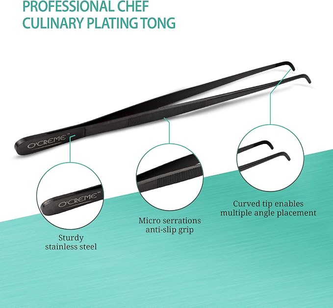O'Creme Stainless Steel Precision Kitchen Culinary 8 Inch Tweezer Tongs (8" Curved, Black)