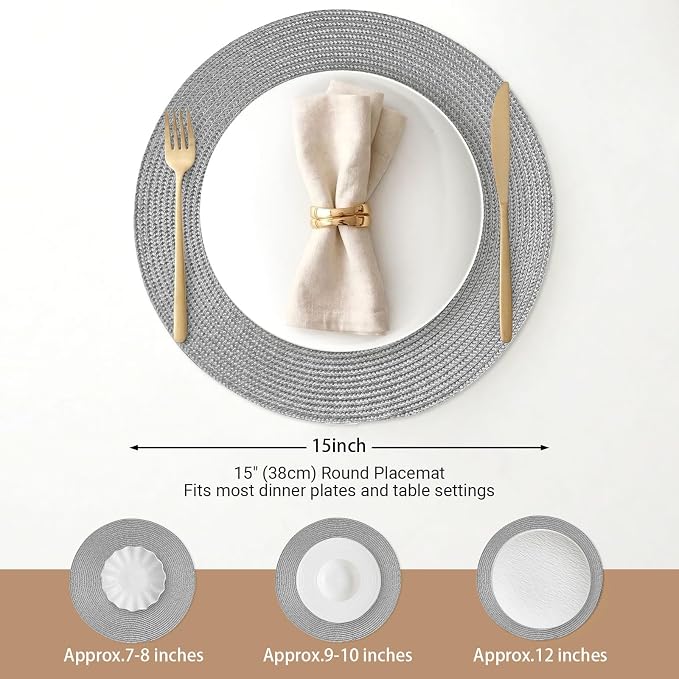 FunWheat Round Braided Placemats Set of 4 Table Mats for Dining Tables Woven Washable Non-Slip Place mats 15inch (Grey, 4pcs)
