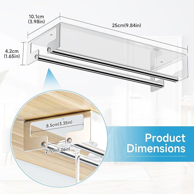 2Pcs Wine Glass Holder Under Cabinet or Shelf, Stainless Steel Stemware Rack, Hanging Wine Glass Storage Organizer for Bar Kitchen Restaurant, Silver