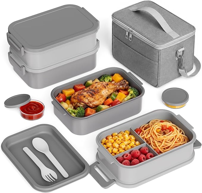Bento Box adults Lunch Box - 2130ml Lunch Box Containers with Insulated Lunch Bag, Utensils & Sauce Container, Leak Proof Bento Box for Men Women, Reusable Plastic Lunchbox for Work, Meal Prep, Grey