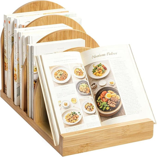 Bamboo Cook Book Organizer Stand, 4 Slots Recipe Book Holder Cookbook Display for Kitchen Counter, Tabletop Cooking Book Storage, Gift for Women