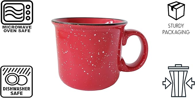 14oz Ceramic Campfire Coffee Mug (Set of 4), Red with Speckled Finish - Durable Thick Walled Camping Style Cup for Outdoors or Home