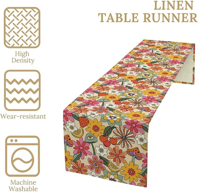 Retro Floral Table Runner,Vintage 70s Hippie Summer Groovy Daisy Flower Dinner Runner for Home Kitchen Dining Table Party Holiday Decor 13x108 Inch