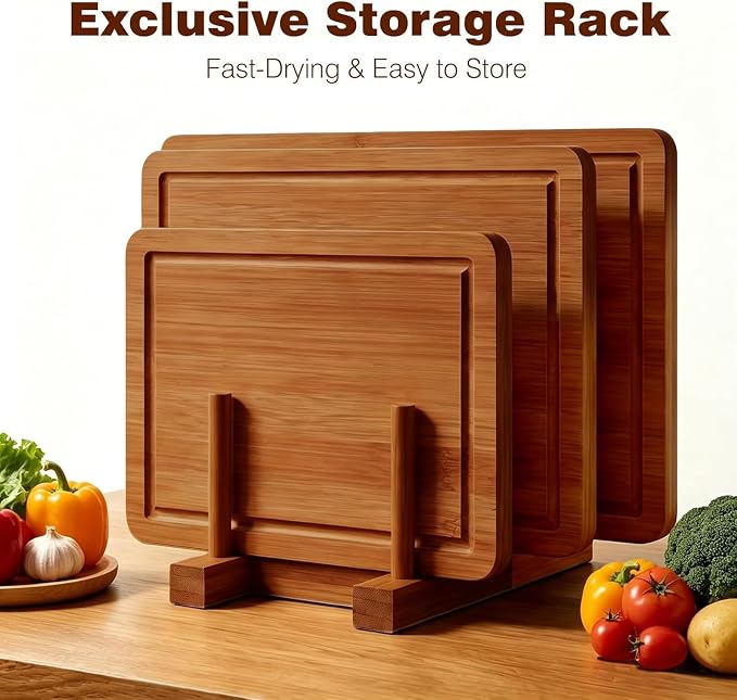 Bamboo Cutting Board Set of 3 with Holder for Compact Kitchens & Apartments | Deep juice grooves, non-slip feet and upright storage for faster drying. Great for fruit, vegetables and everyday meal prep.