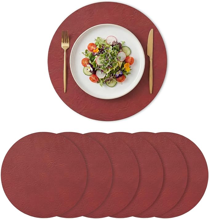 Artoid Mode Red Faux Leather Placemats Set of 6, 15 Inch Waterproof Wipeable Heat Resistant Vinyl Place Mats, Reversible Table Mats for Christmas Kitchen Dining Decor