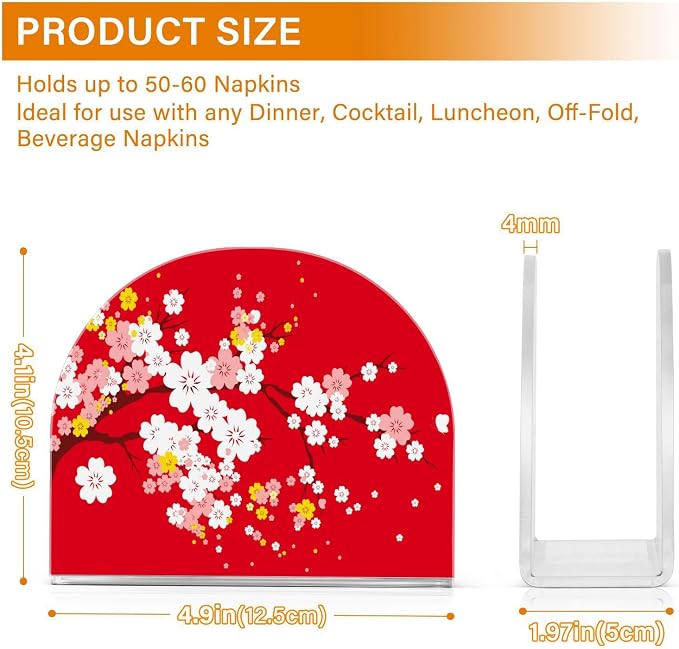 Japaneses Tree Red Cherry Bloom Napkin Holder for Tables Paper Cocktail Napkin Holders for Kitchen and Dinning, Acrylic Dinner Napkin Dispenser for Restaurant Home Decor Bar Accessories 2 Pack