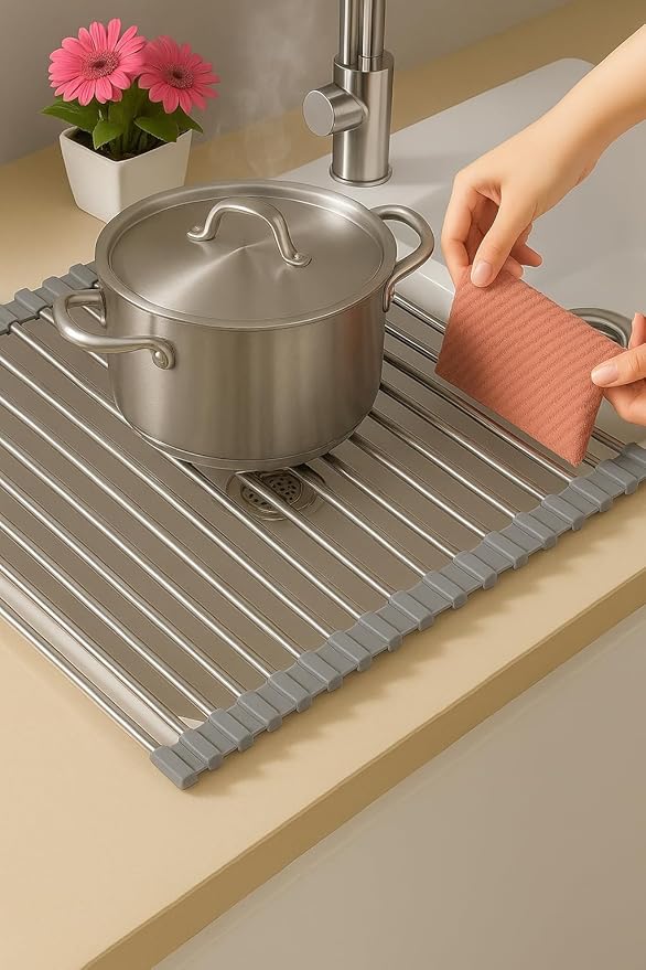 Over Sink Dish Dryng Rack - Roll Up Stainless Stell & Silicone Drying mat, Heat Resistant, Non-Slip & Foldable, Space Saving Kitchen Organizer (17.3"x 15.7")