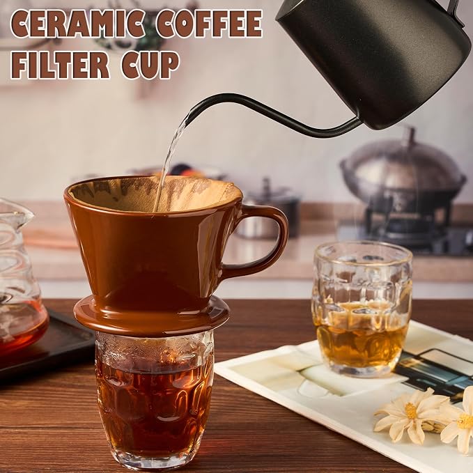 Pour Over Coffee Dripper, Ceramic Pour Over Coffee Maker with 3 Holes Flat Bottom, Easy Manual Brew Maker, Porcelain Slow Filter Cone for Travel, Camping, Office, Home,Brown